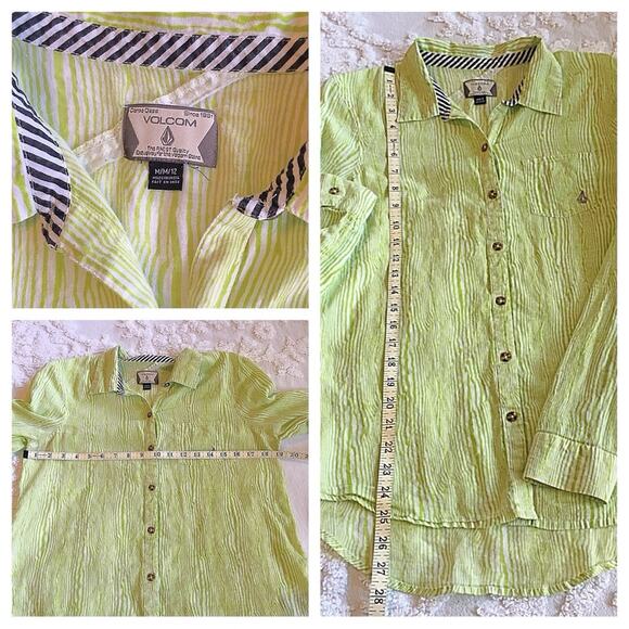 Vintage Y2k Volcom Lime Green Cream Long Sleeve Shirt Top Stitch Accents - Picture 12 of 16